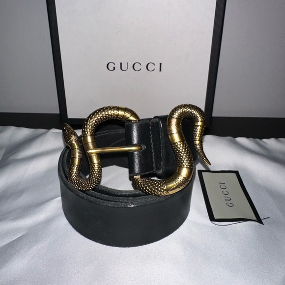 GUCCI LEATHER BELT WITH SNAKE BUCKLE - Picture 1 of 3